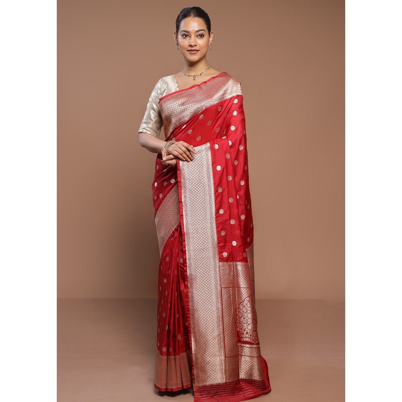 Red Handloom Katan Pure Silk Saree With Blouse Piece - JD986580639