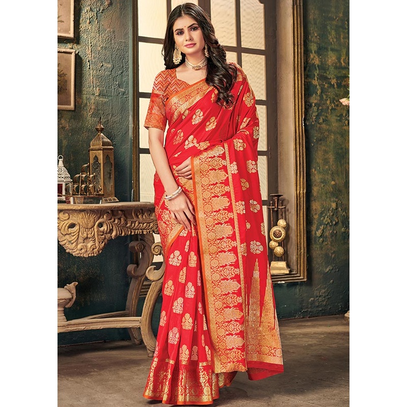 Red Spun Silk Saree With Blouse Piece - JD986580747