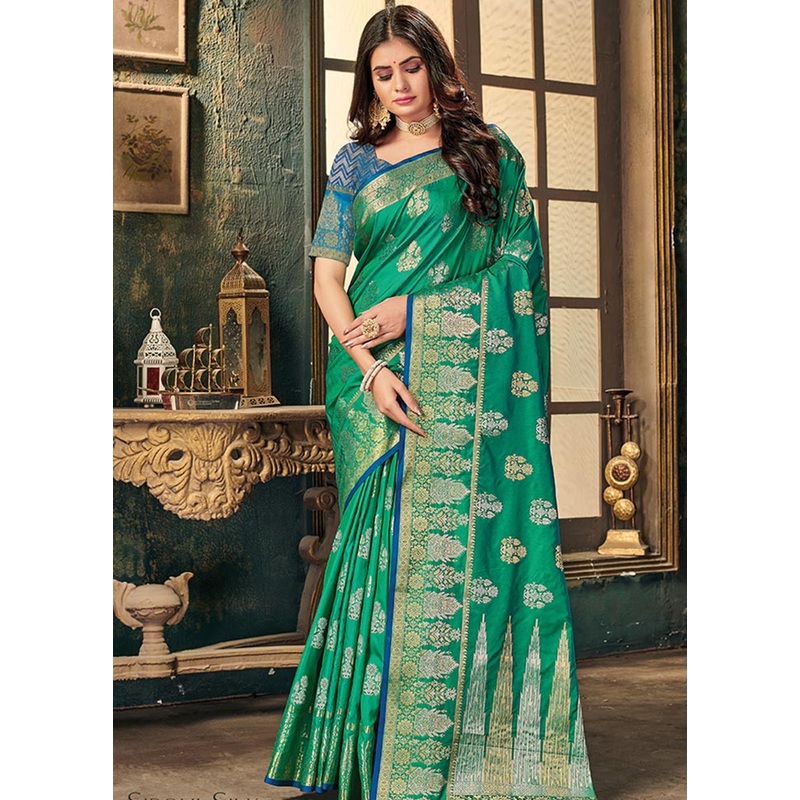 Sea Green Spun Silk Saree With Blouse Piece - JD986580745