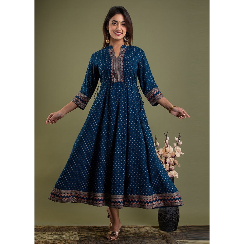 Teal Readymade Rayon Indian Dress - JD986580724