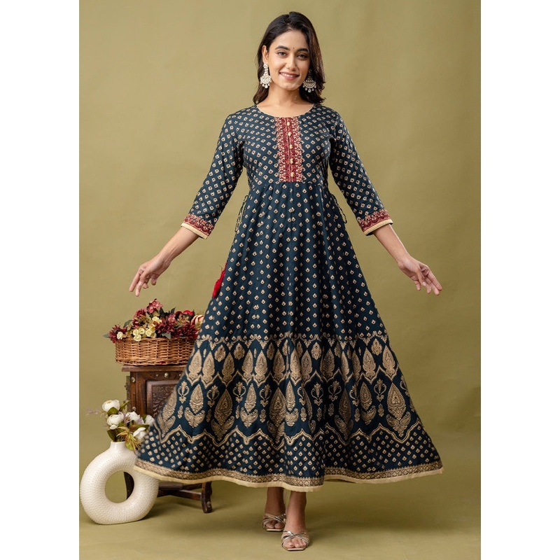 Teal Readymade Rayon Indian Dress - JD986580726