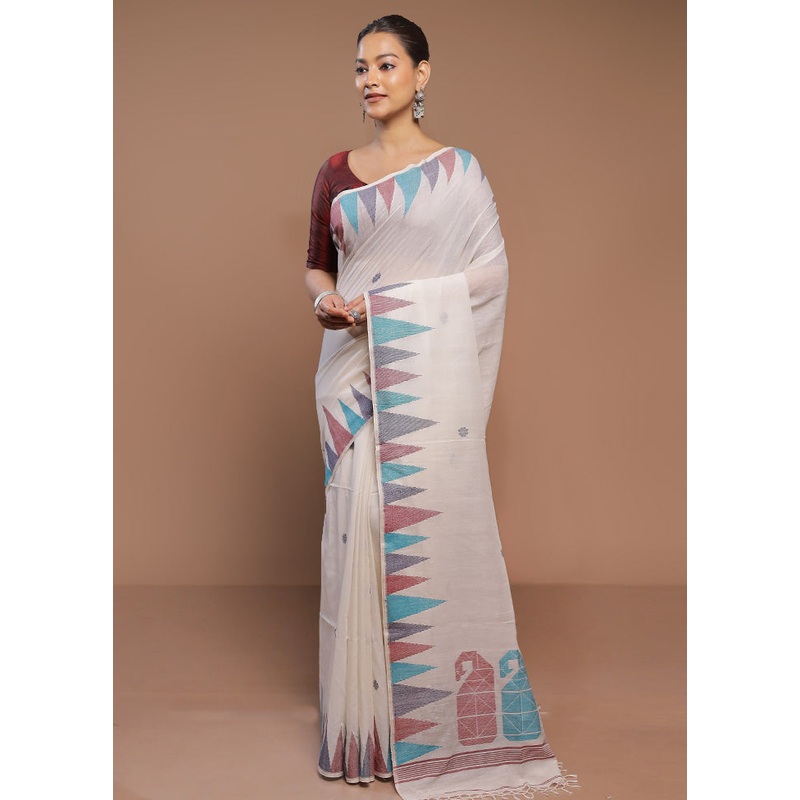 White Cotton Saree With Blouse Piece - JD986580631
