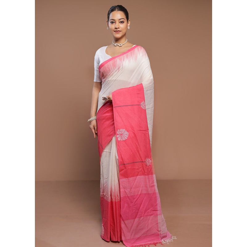 White Cotton Saree With Blouse Piece - JD986580632