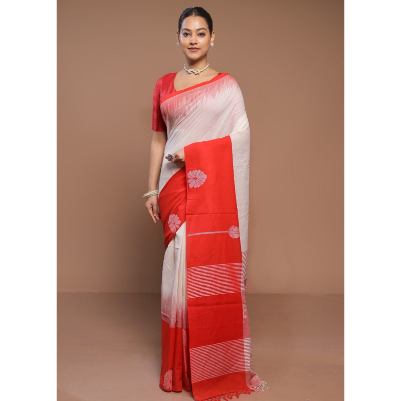 White Cotton Saree With Blouse Piece - JD986580633