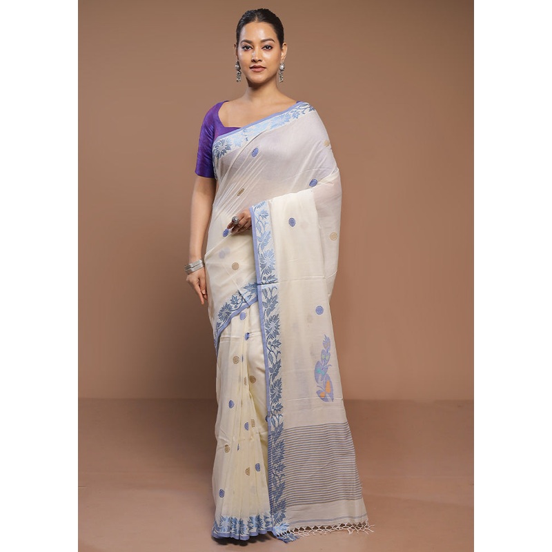 White Cotton Saree With Blouse Piece - JD986580634