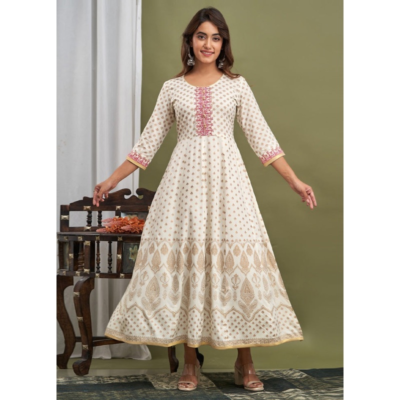 White Readymade Rayon Indian Dress - JD986580723