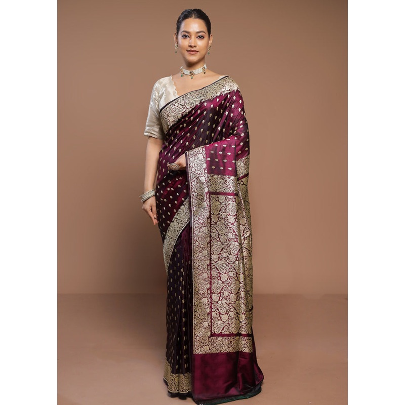 Wine  Handloom Banarasi Pure Silk Saree With Blouse Piece - JD986580630