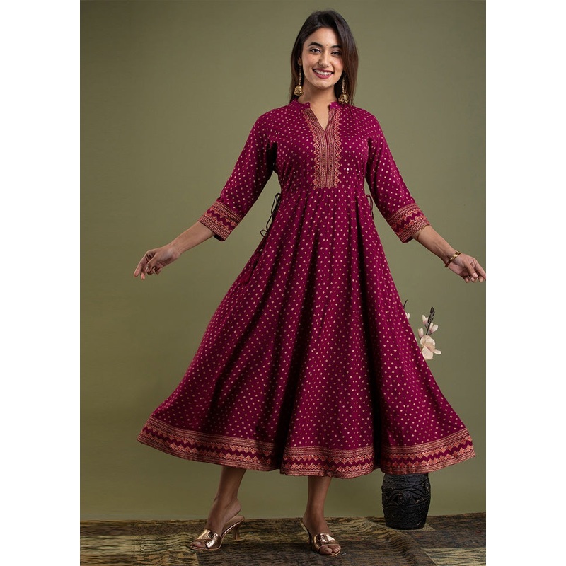 Wine Readymade Rayon Indian Dress - JD986580721