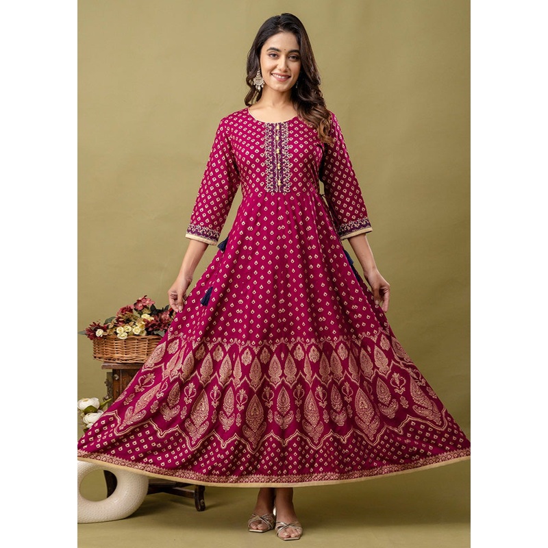 Wine Readymade Rayon Indian Dress - JD986580722