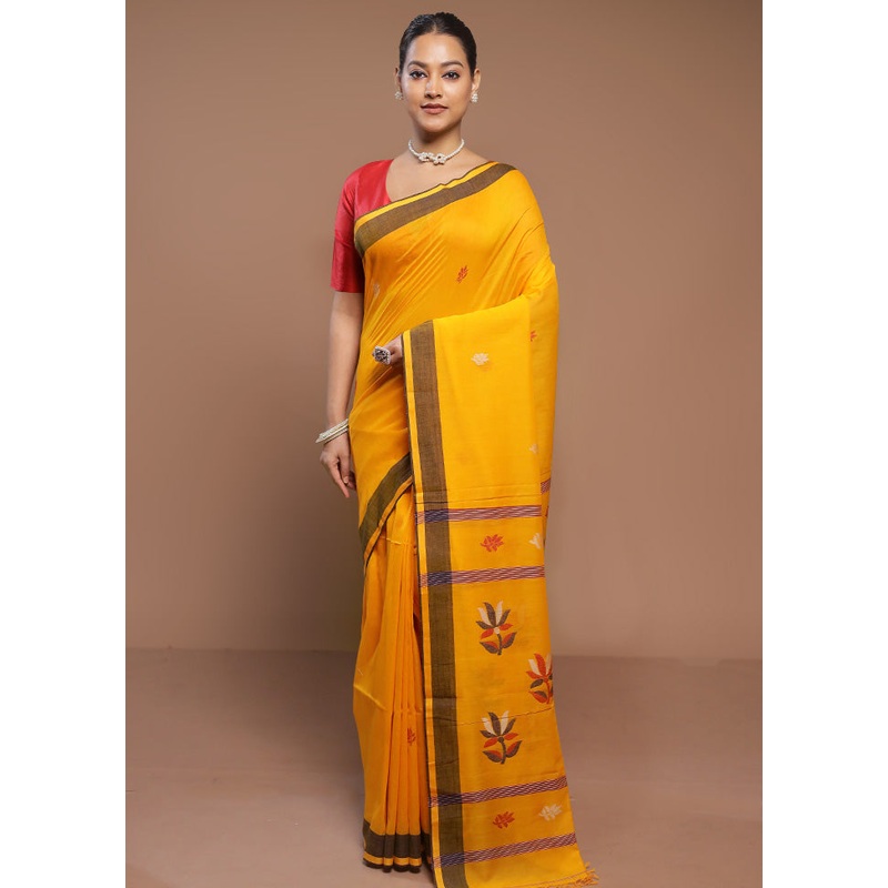 Yellow Cotton Saree With Blouse Piece - JD986580625