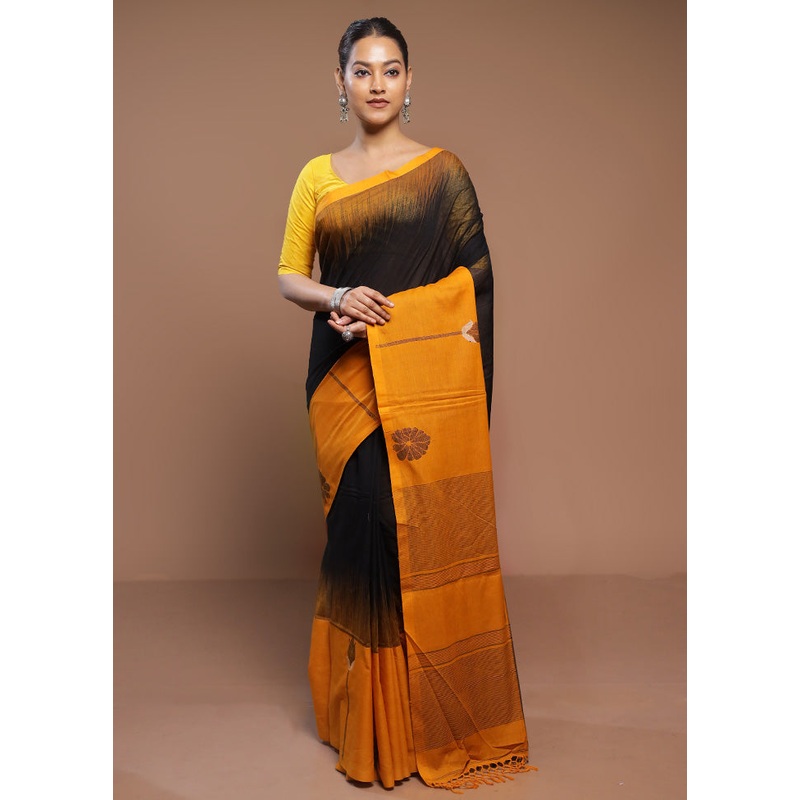 Yellow Cotton Saree With Blouse Piece - JD986580626
