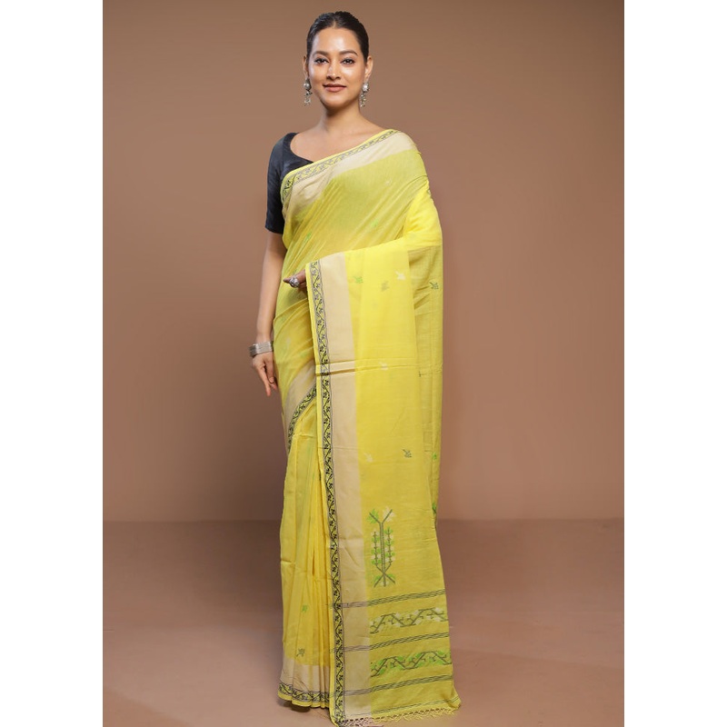 Yellow Cotton Saree With Blouse Piece - JD986580627