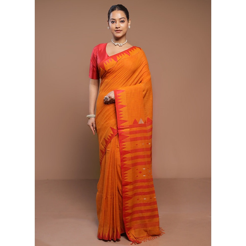 Yellow Cotton Saree With Blouse Piece - JD986580628
