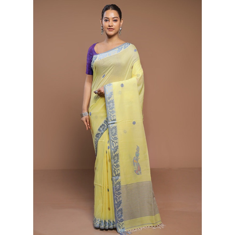 Yellow Cotton Saree With Blouse Piece - JD986580629