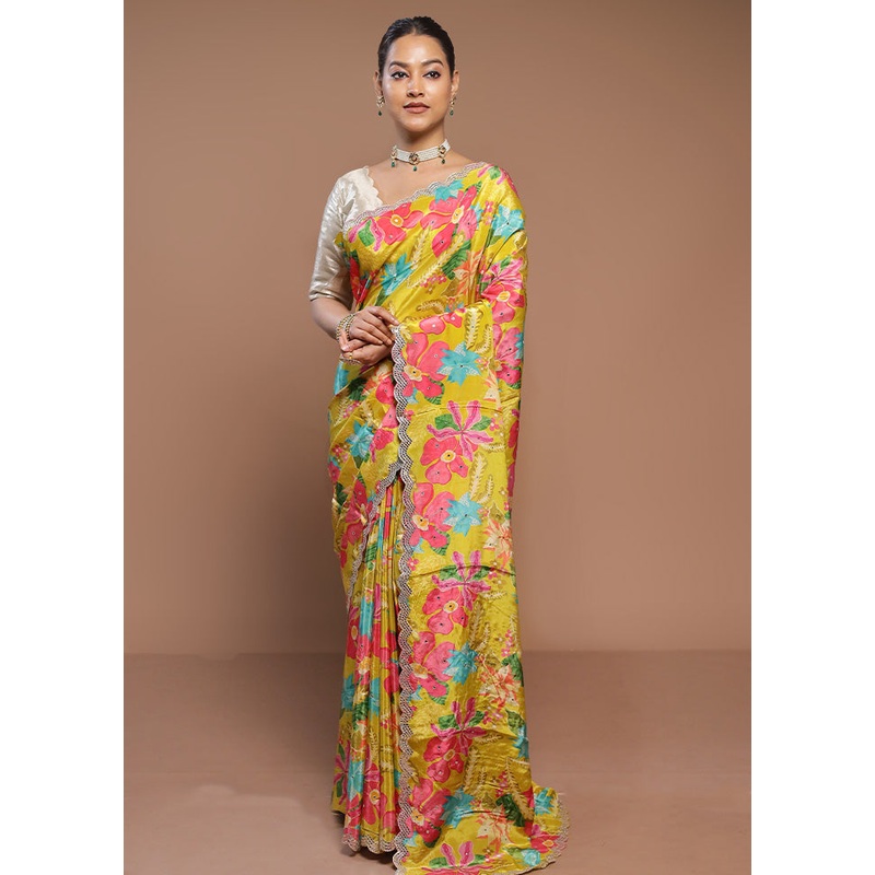Yellow Printed Pure Silk Saree Without Blouse Piece - JD986580623