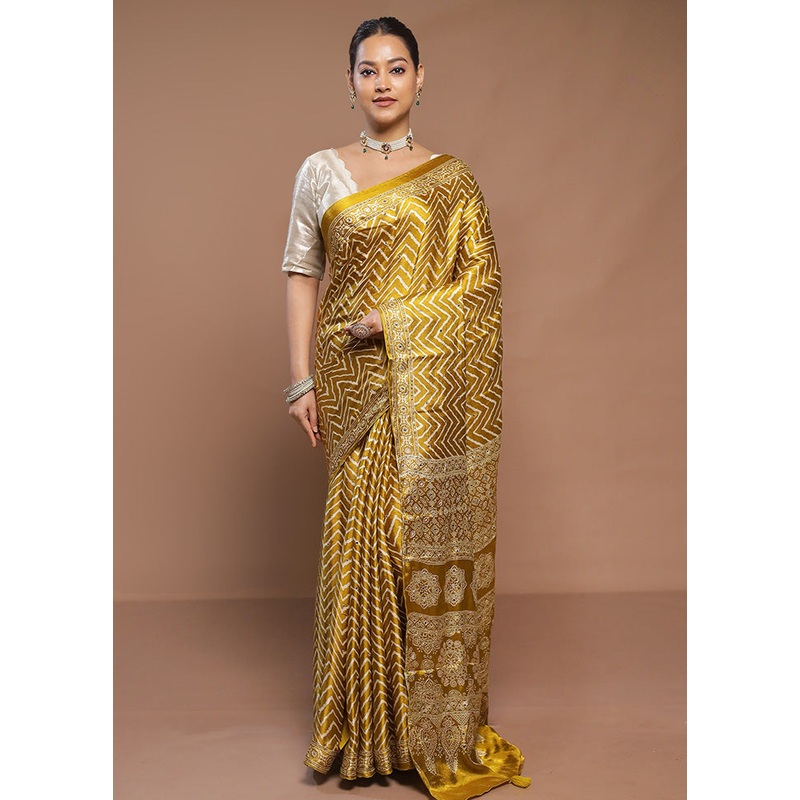 Yellow Printed Pure Silk Saree Without Blouse Piece - JD986580624