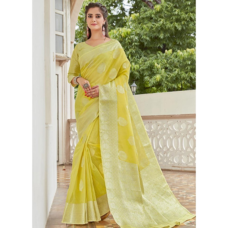 Yellow Spun Silk Saree With Blouse Piece - JD986580731