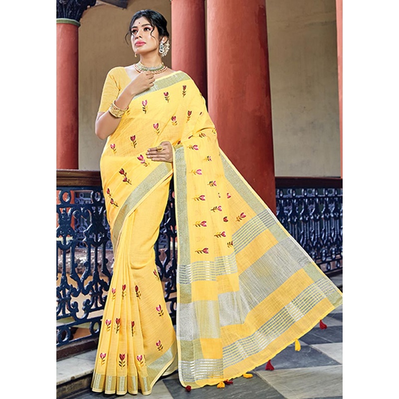 Yellow Spun Silk Saree With Blouse Piece - JD986580736