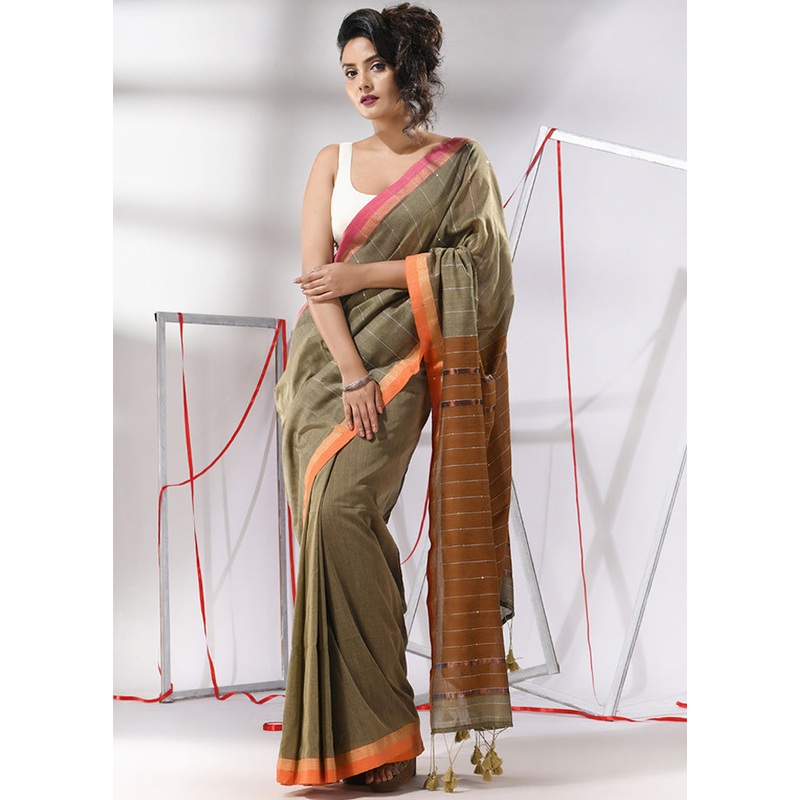 Beige Cotton Saree With Blouse Piece - JD986580355