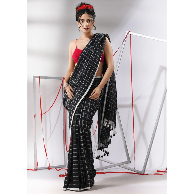 Black Cotton Saree With Blouse Piece - JD986580348