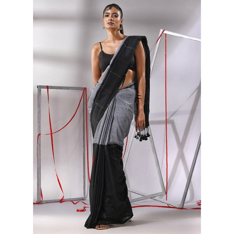 Black Cotton Saree With Blouse Piece - JD986580349