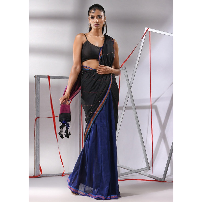 Black Cotton Saree With Blouse Piece - JD986580350