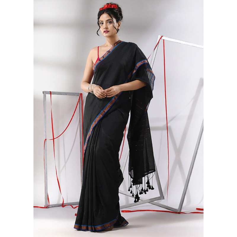 Black Cotton Saree With Blouse Piece - JD986580351