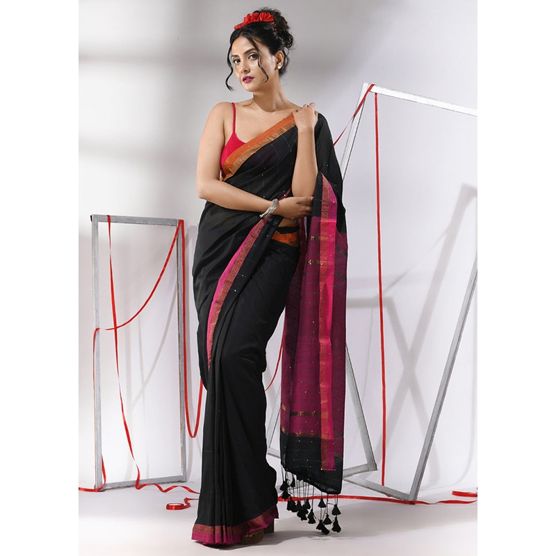 Black Cotton Saree With Blouse Piece - JD986580352