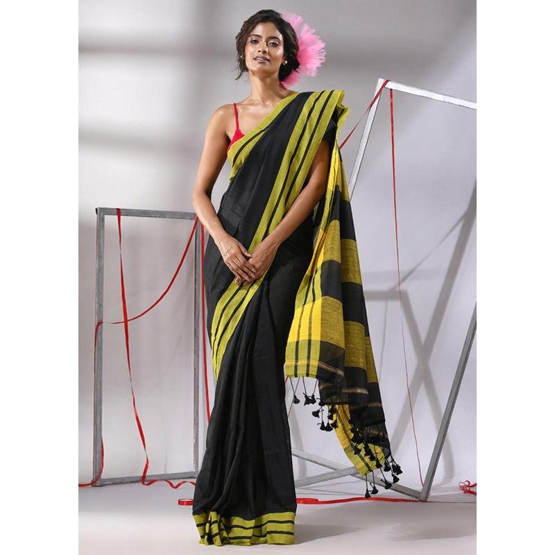 Black Cotton Saree With Blouse Piece - JD986580353