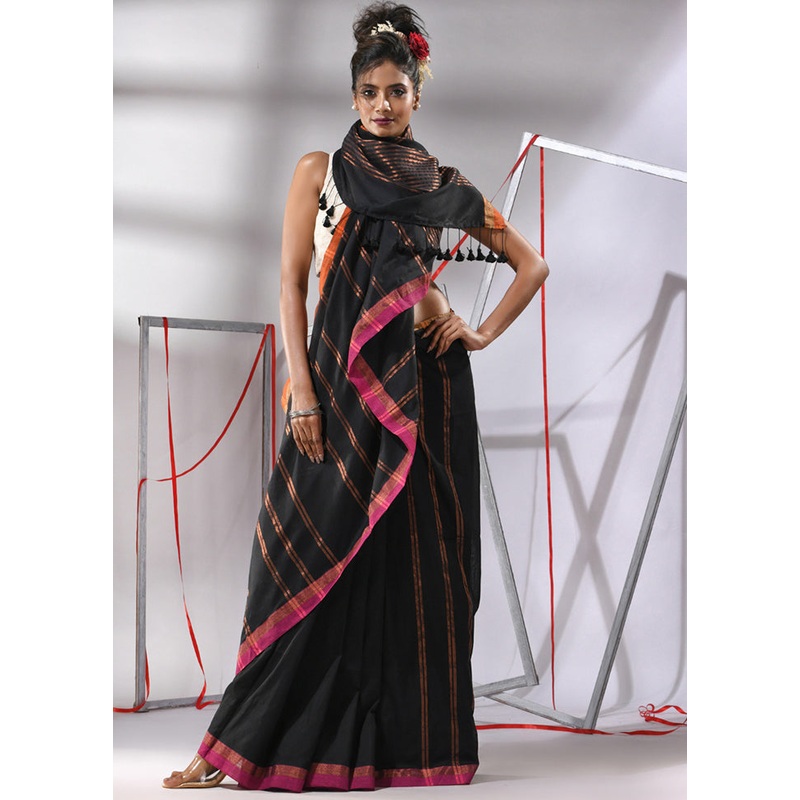 Black Cotton Saree With Blouse Piece - JD986580354