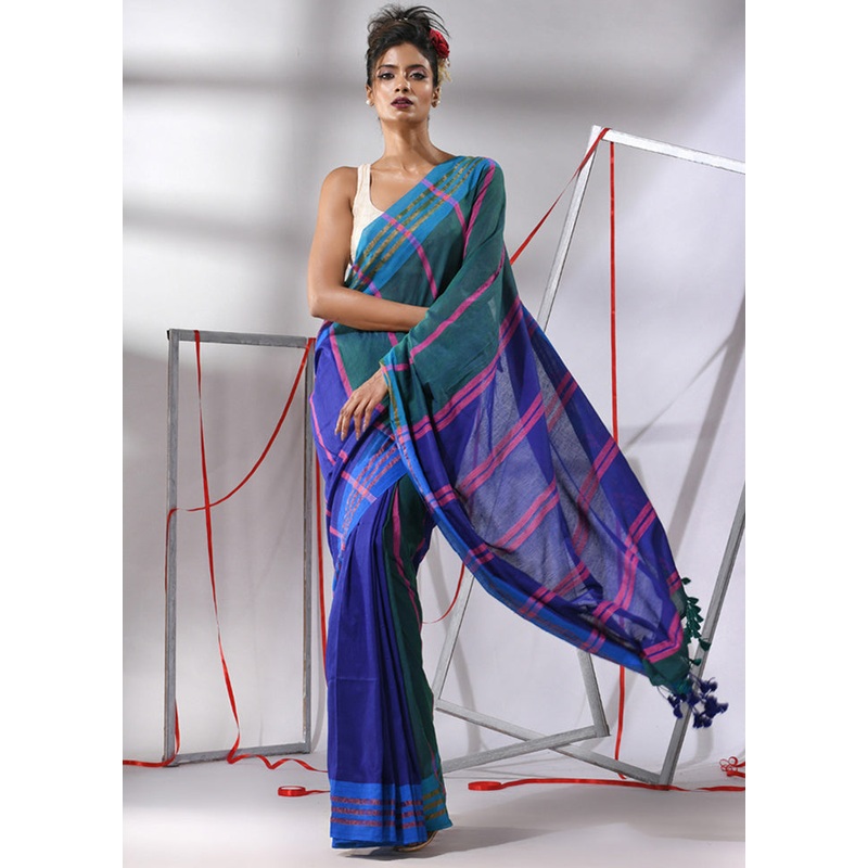 Blue Cotton Saree With Blouse Piece - JD986580345