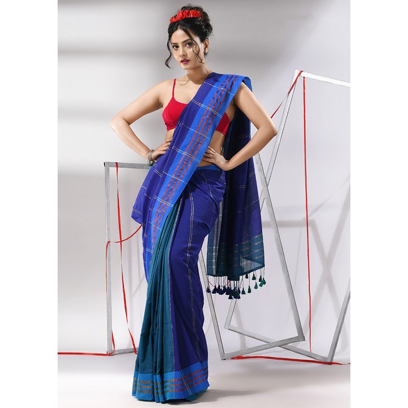Blue Cotton Saree With Blouse Piece - JD986580346