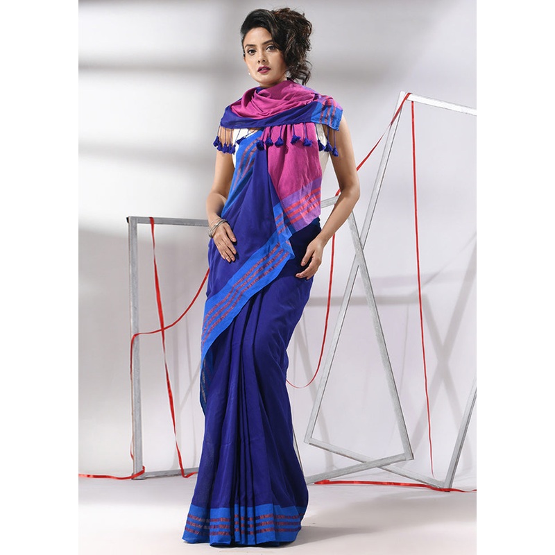 Blue Cotton Saree With Blouse Piece - JD986580347