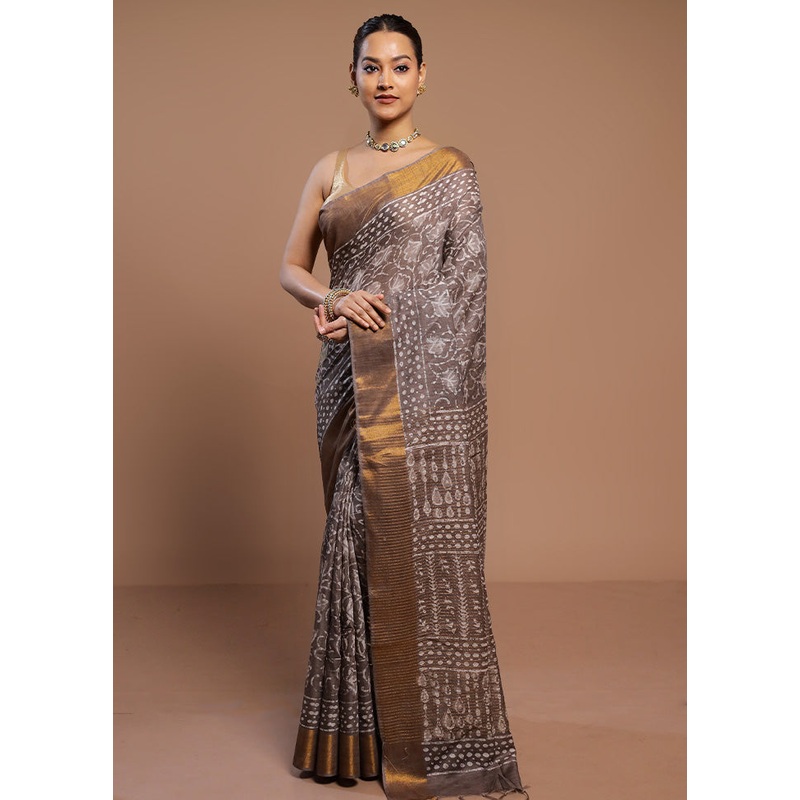 Brown Linen Silk Saree With Blouse Piece - JD986580553