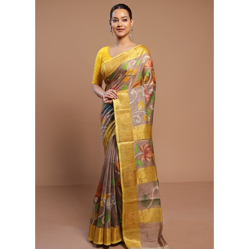 Brown Tussar Silk Saree With Blouse Piece - JD986580552