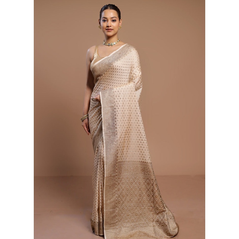 Cream Dupion Silk Saree With Blouse Piece - JD986580549