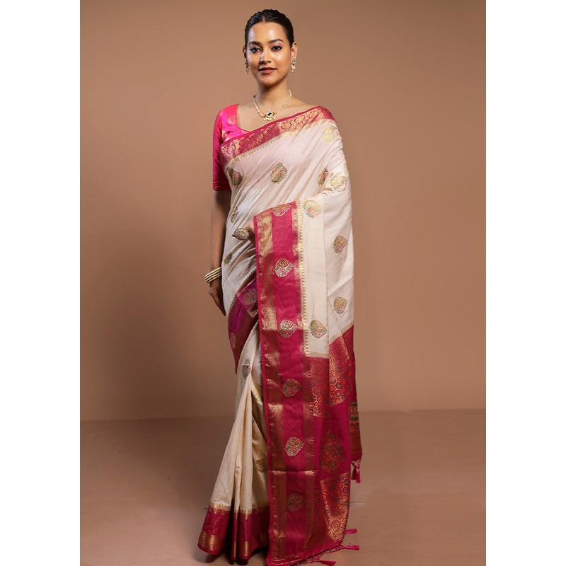 Cream Dupion Silk Saree With Blouse Piece - JD986580551