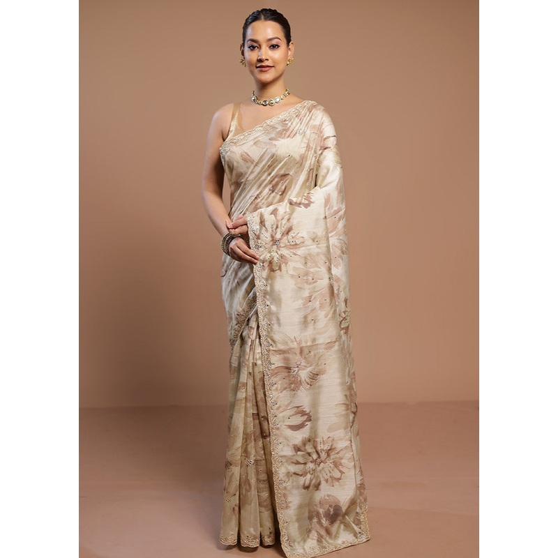 Cream Handloom Tussar Pure Silk Saree With Blouse Piece - JD986580544