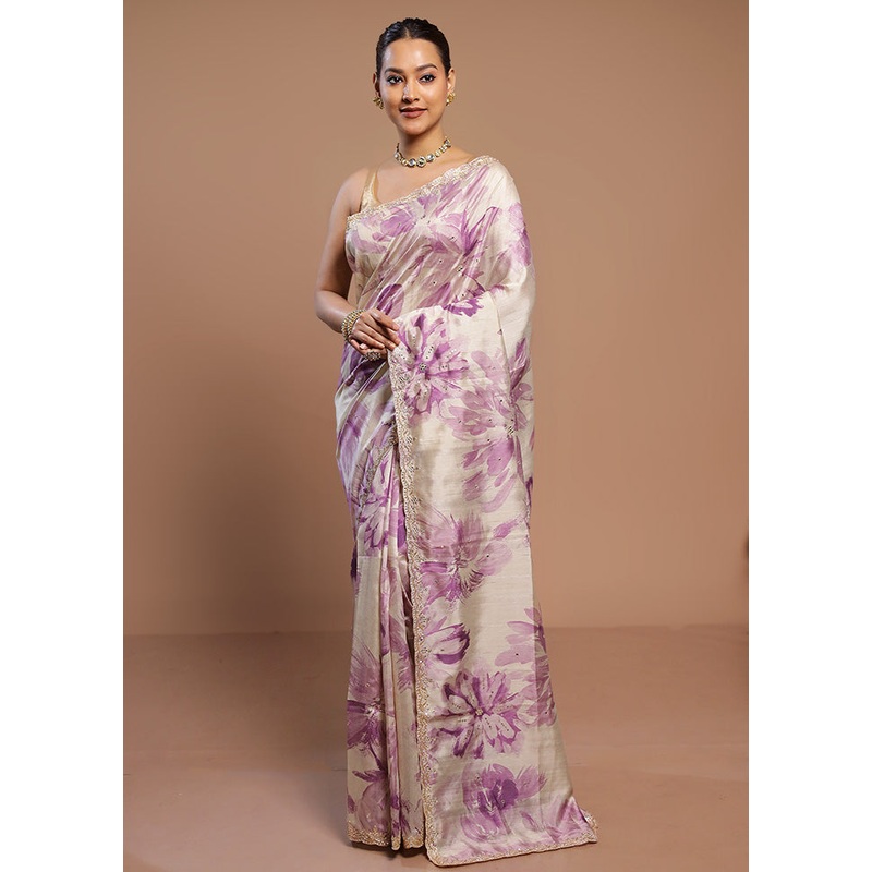 Cream Handloom Tussar Pure Silk Saree With Blouse Piece - JD986580545