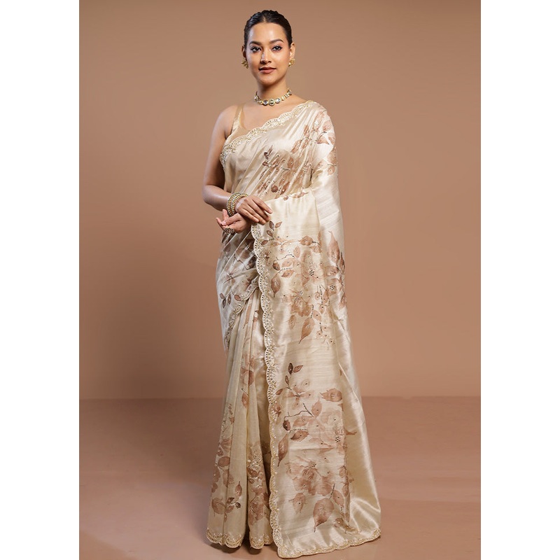 Cream Handloom Tussar Pure Silk Saree With Blouse Piece - JD986580546
