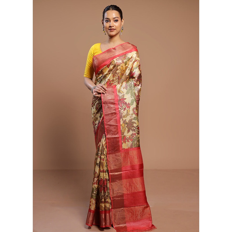 Cream Handloom Tussar Pure Silk Saree With Blouse Piece - JD986580548