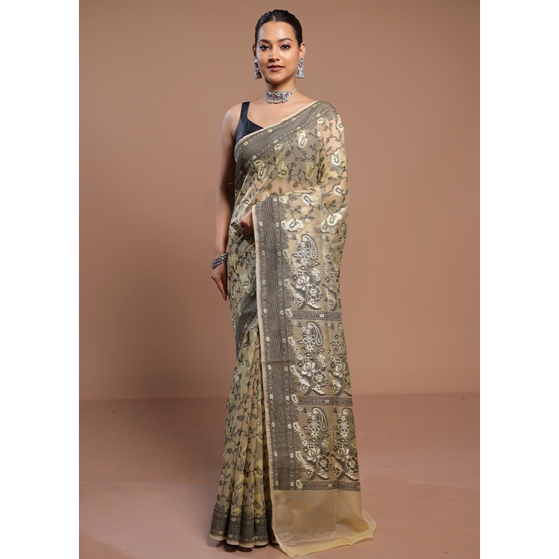 Cream Kora Silk Saree With Blouse Piece - JD986580541