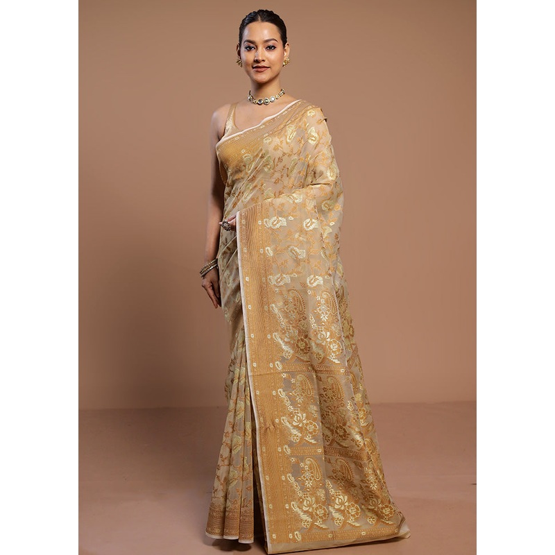 Cream Kora Silk Saree With Blouse Piece - JD986580542