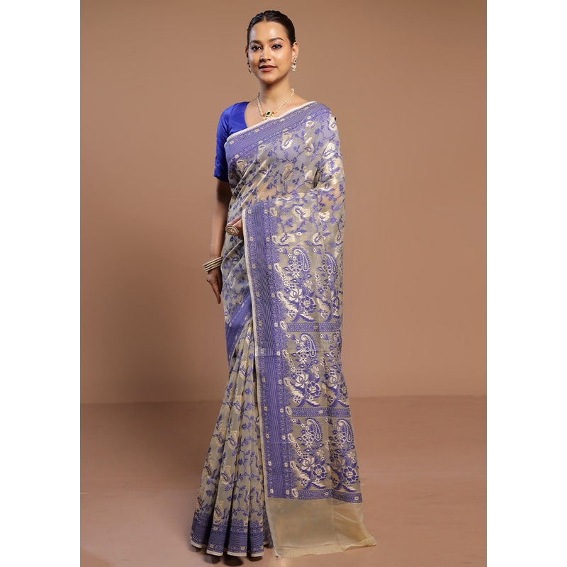 Cream Kora Silk Saree With Blouse Piece - JD986580543