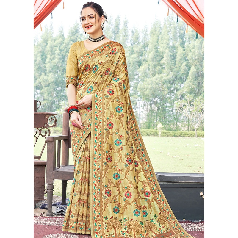 Cream Spun Silk Saree With Blouse Piece - JD986580400
