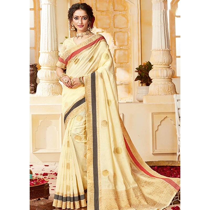 Cream Spun Silk Saree With Blouse Piece - JD986580512