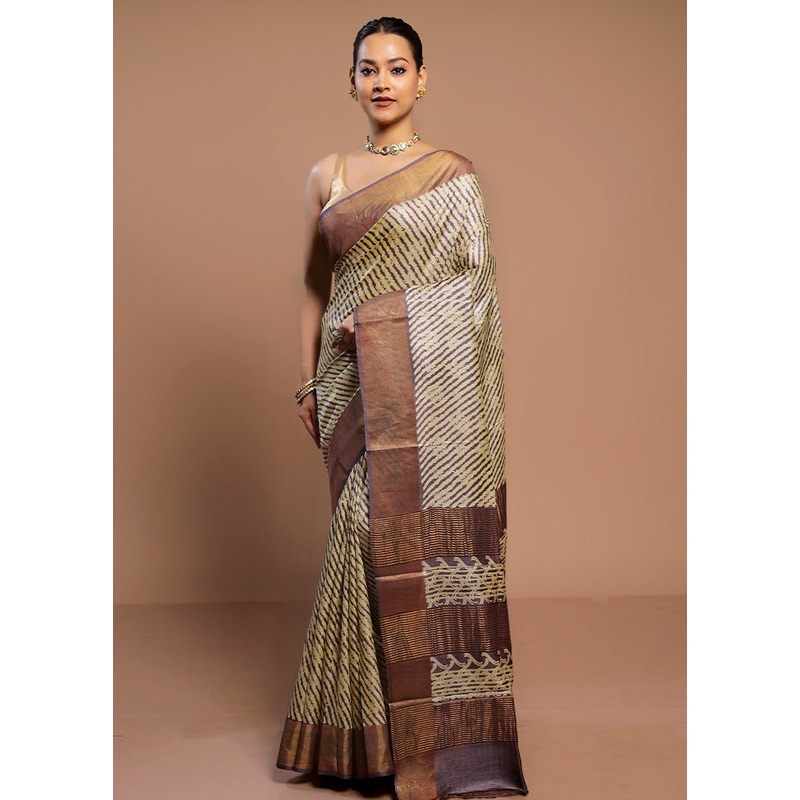 Cream Tussar Silk Saree With Blouse Piece - JD986580537