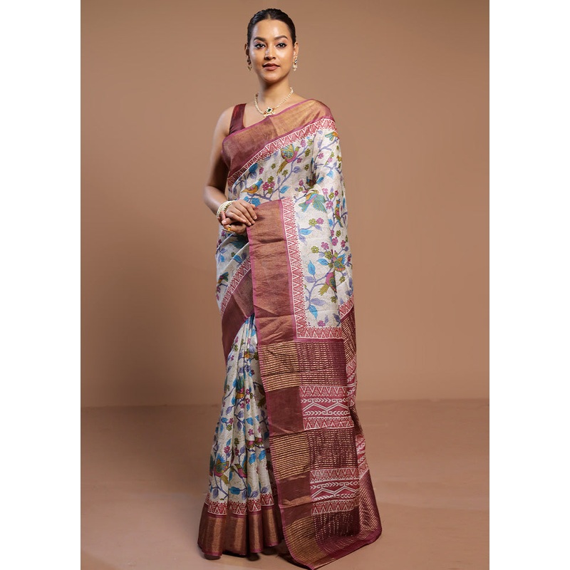 Cream Tussar Silk Saree With Blouse Piece - JD986580538