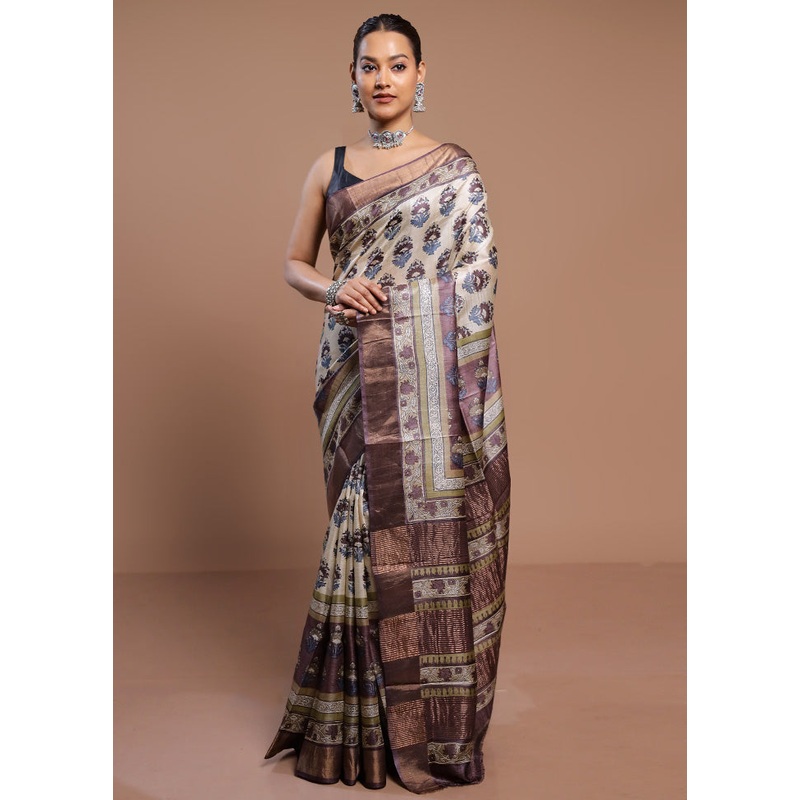 Cream Tussar Silk Saree With Blouse Piece - JD986580539