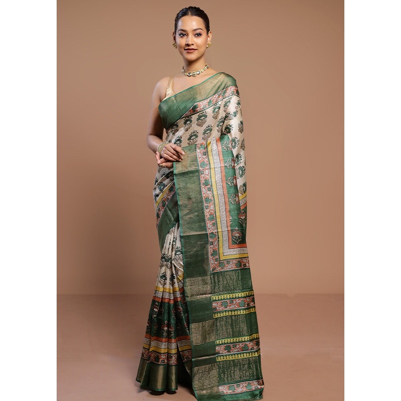 Cream Tussar Silk Saree With Blouse Piece - JD986580540